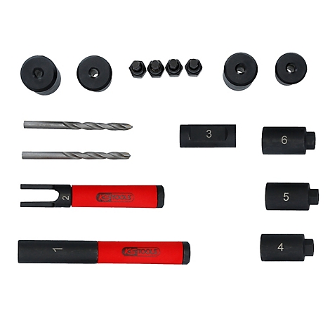 Werkzeugset mit verschiedenen Teilen: Bohrer, Schrauben, schwarze Hülsen und rot-schwarze Griffe mit Zahlen.